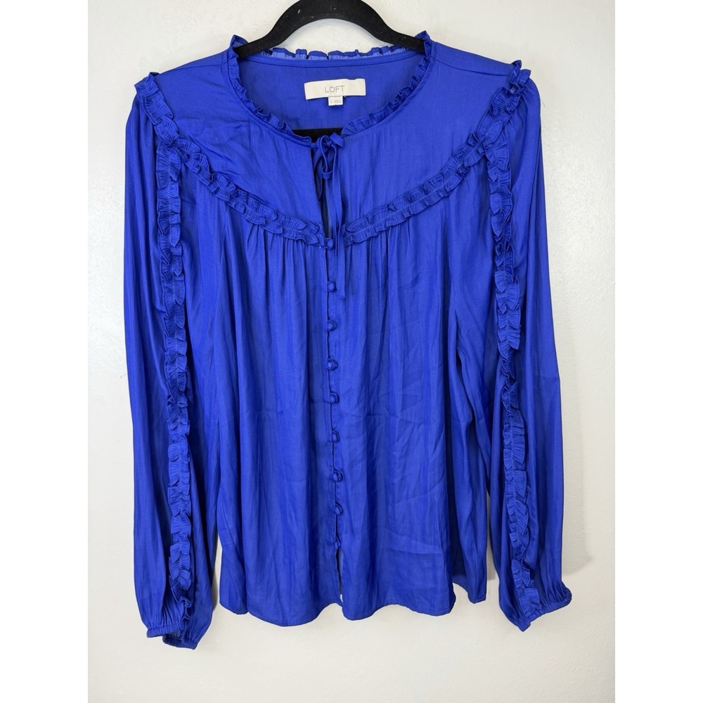 LOFT Royal Blue Blouse W Ruffled Accents On Sleeves Size L‎